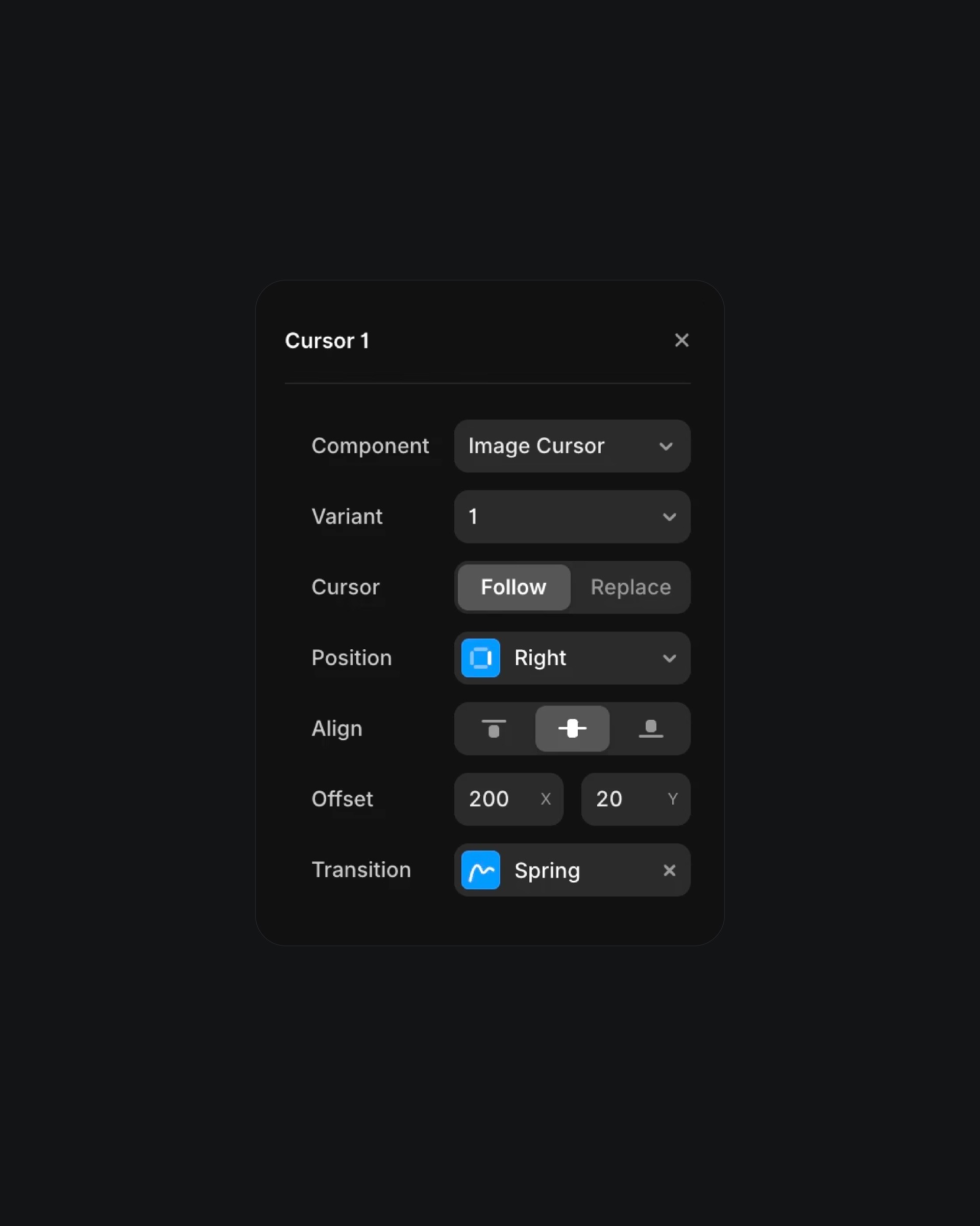 User interface for customizing a cursor, featuring options for an image cursor component, position alignment, offset adjustments, and a spring transition effect on a dark theme background