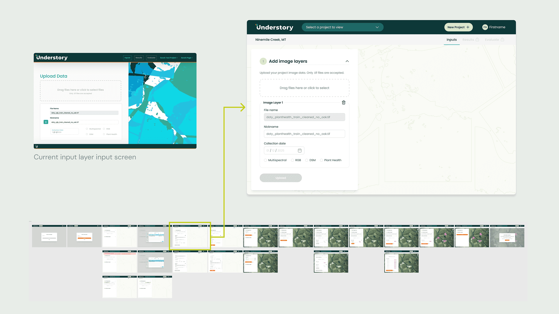 Screenshot of Understory interface showing current input layer screen with a map and data upload options. Includes a detailed content overview panel.