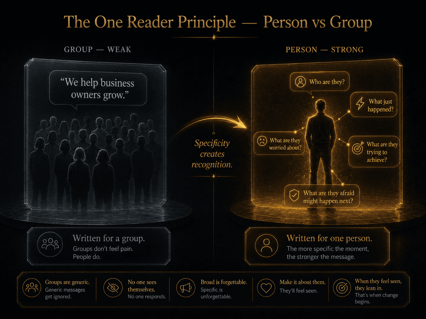 “The One Reader Principle — Person vs Group” Concept: A minimalist, elegant visualization showing the difference between writing for groups and writing for a person.  Left side (Group — Weak): A crowd of silhouettes, all generic, all the same. A message above them: “We help business owners grow.” The silhouettes are desaturated grey, indistinct. Label: “Written for a group. Groups don't feel pain. People do.”  Right side (Person — Strong): A single, detailed silhouette with context. Around them: “Who are they? What just happened? What are they worried about? What are they trying to achieve? What are they afraid might happen next?” The silhouette is warm gold, detailed, human. Label: “Written for one person. The more specific the moment, the stronger the message.”  A curved arrow points from left to right with the word: “Specificity creates recognition.”  Style: Dark charcoal background. Left side: desaturated grey crowd, generic. Right side: warm gold silhouette with contextual callouts.  Interaction: Hovering the left side reveals: “Groups don't feel pain. Messages written for groups feel generic.” Hovering the right side reveals each contextual question and how it sharpens the message. A slider transitions from “Group Writing” to “One Reader Writing.”