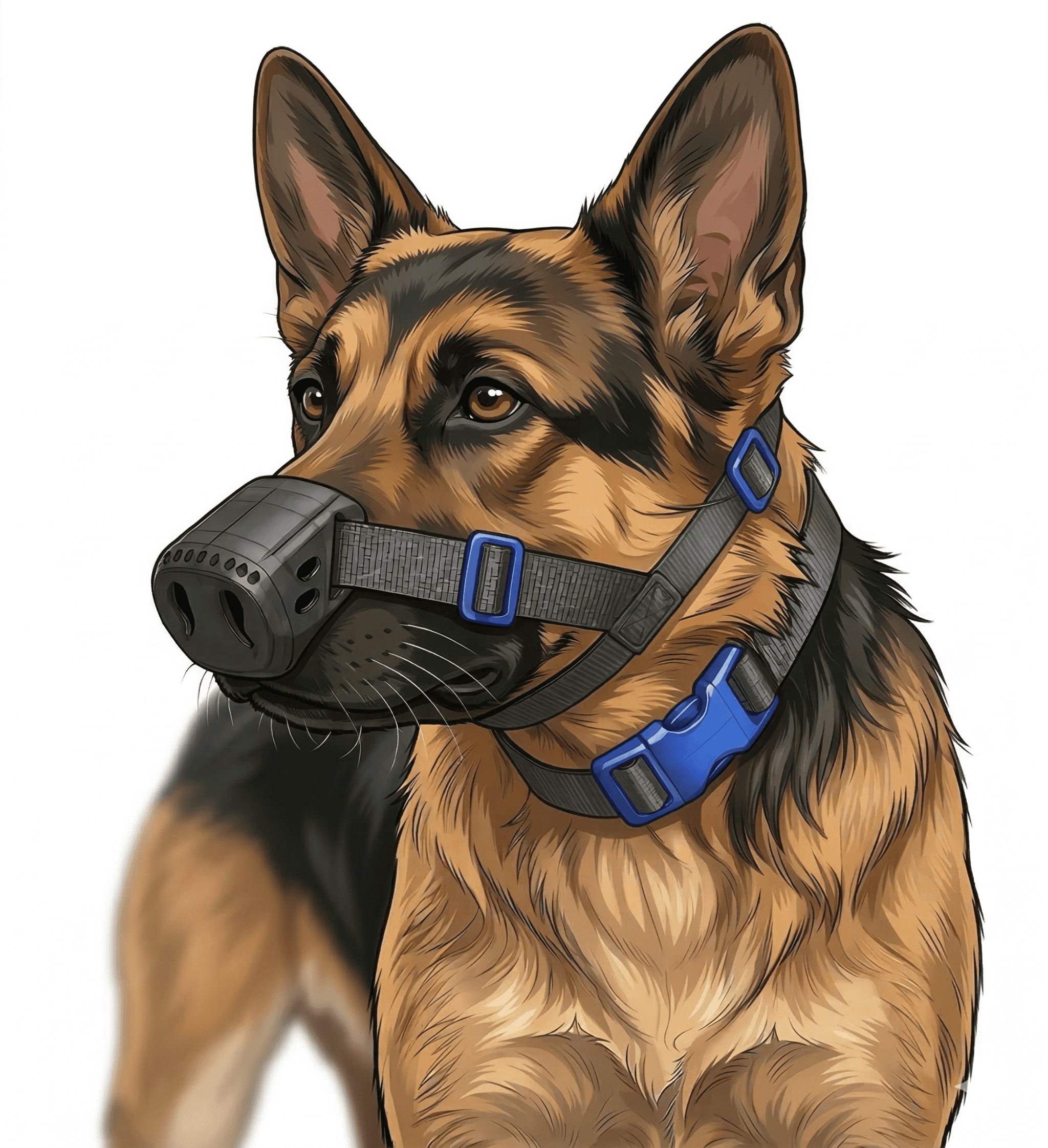 German Shepherd comfortably wearing a SnoutCover
