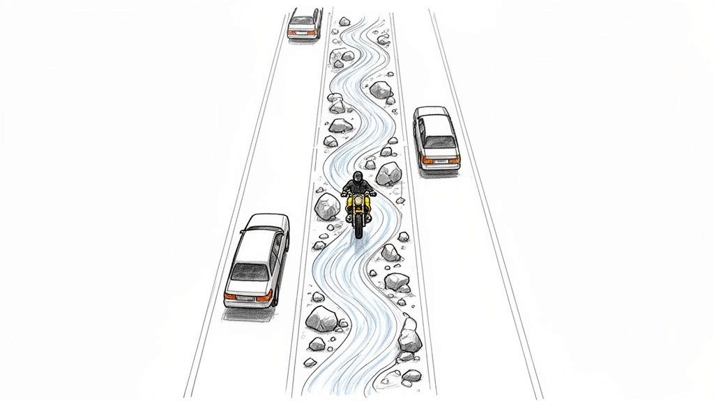 A motorcyclist rides a yellow bike through a rocky, winding blue riverbed lane, surrounded by cars on a highway.