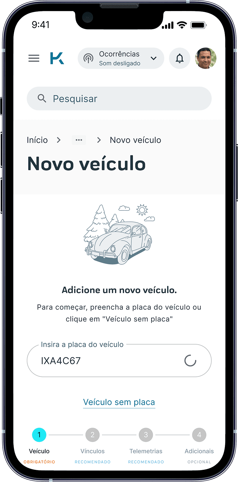 Primeira etapa do cadastro de novo veículo, no mobile