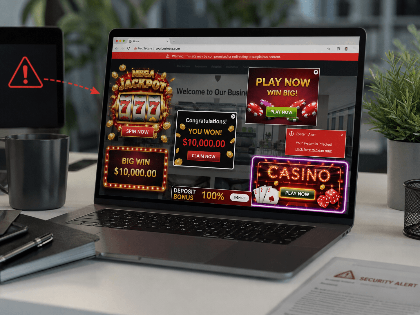 Hacked WordPress website on a laptop showing casino spam popups, warning alerts, and suspicious redirect messages