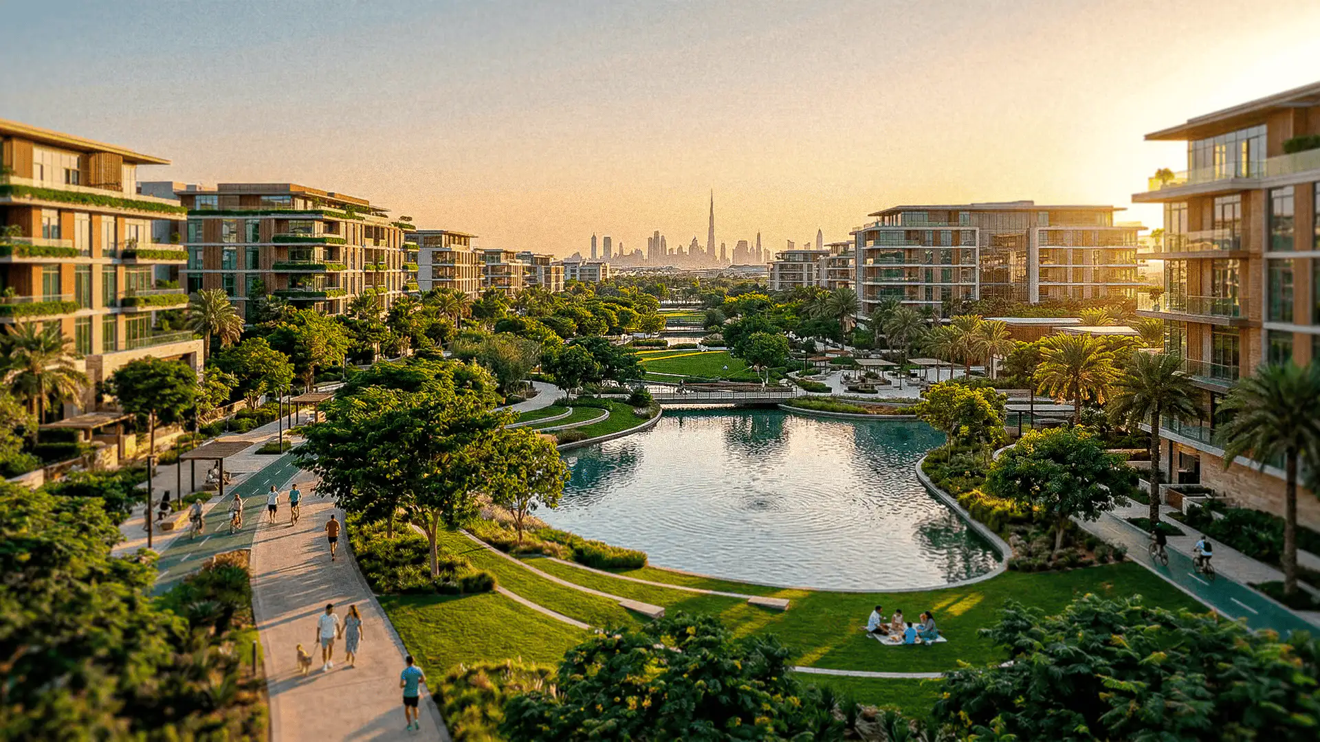 Parque residencial moderno con lago central, senderos peatonales, ciclovías y edificios contemporáneos al atardecer con skyline de Dubái al fondo.