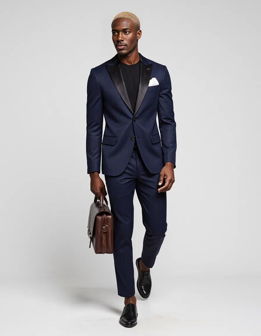 Navy blue tuxedo with black satin lapels styled with a black t-shirt, paired with brown leather briefcase against minimal background