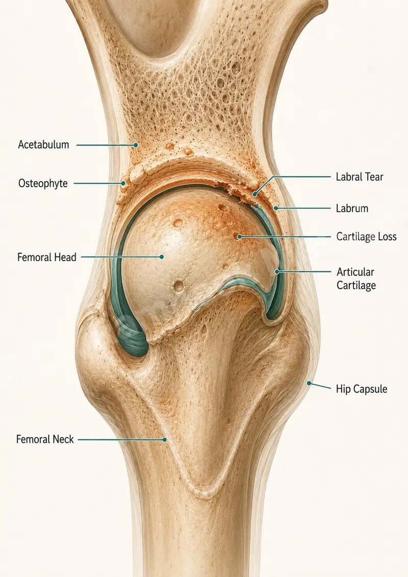 Arthritic hip with cartilage loss, labral tear and osteophytes - the candidate profile for robotic hip replacement.