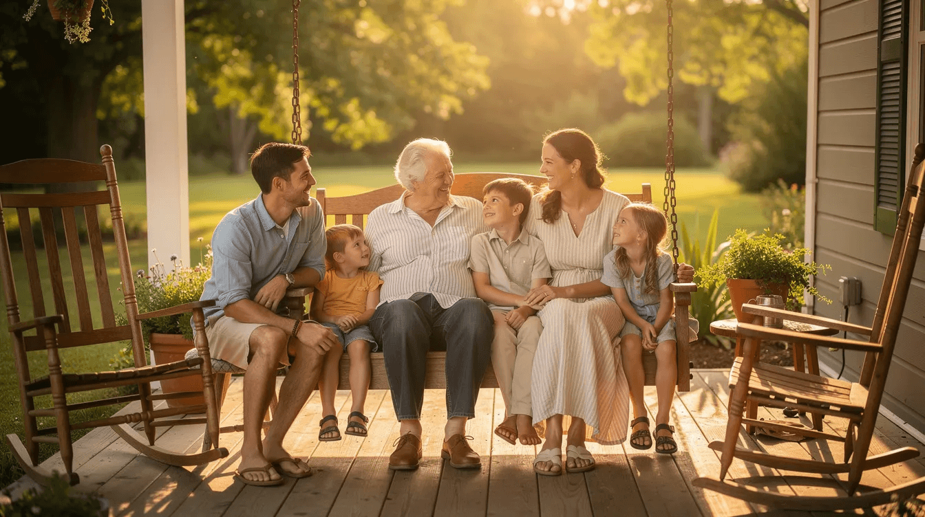A multigenerational family is gathered together on a cozy porch, sharing smiles and laughter. This scene highlights the importance of estate planning and protecting family wealth for future generations, emphasizing the significance of careful planning to shield assets from potential legal claims and minimize estate taxes.