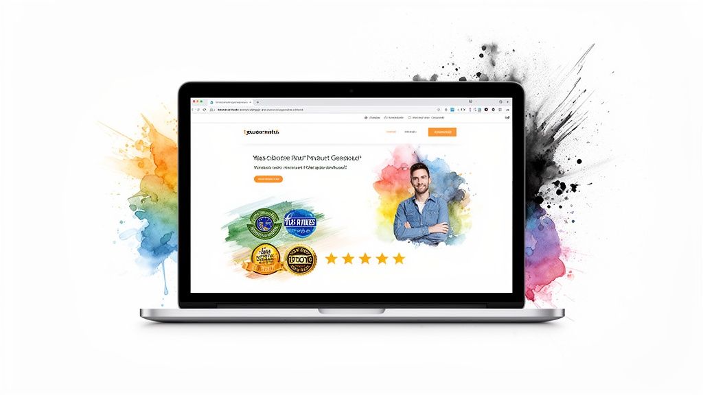 A silver laptop displays a colorful website featuring a smiling man, badges, five stars, and paint splashes.