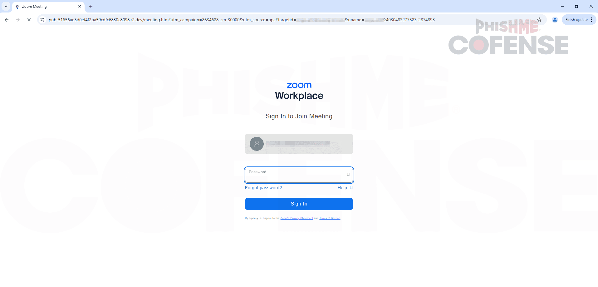 The credential-phishing destination: a spoofed Zoom Workplace sign-in with the victim's email pre-filled, hosted well away from Zoom.