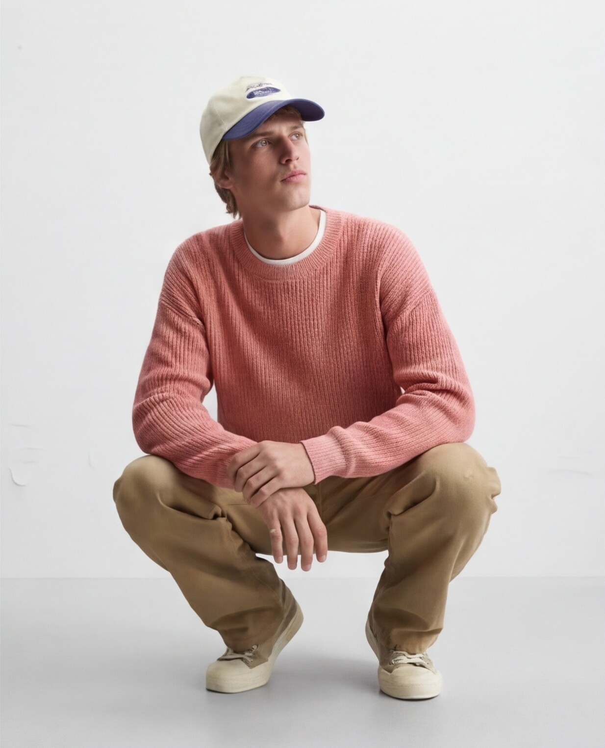 Salmon Knit Sweater with Khaki Trousers