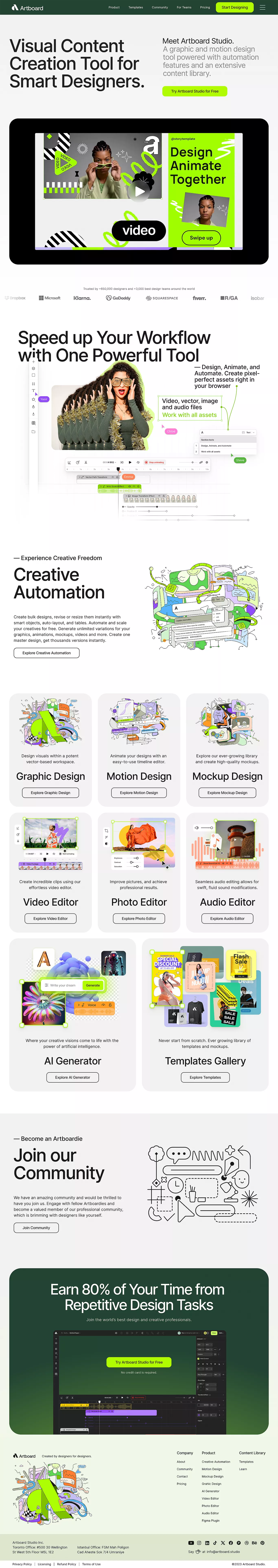 Artboard Studio â Visual Content Creat landing page screenshot showcasing Design and Tech design