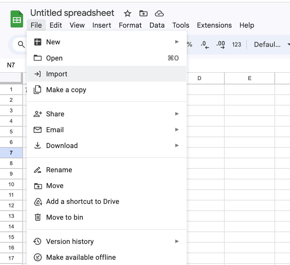 google sheets, import option