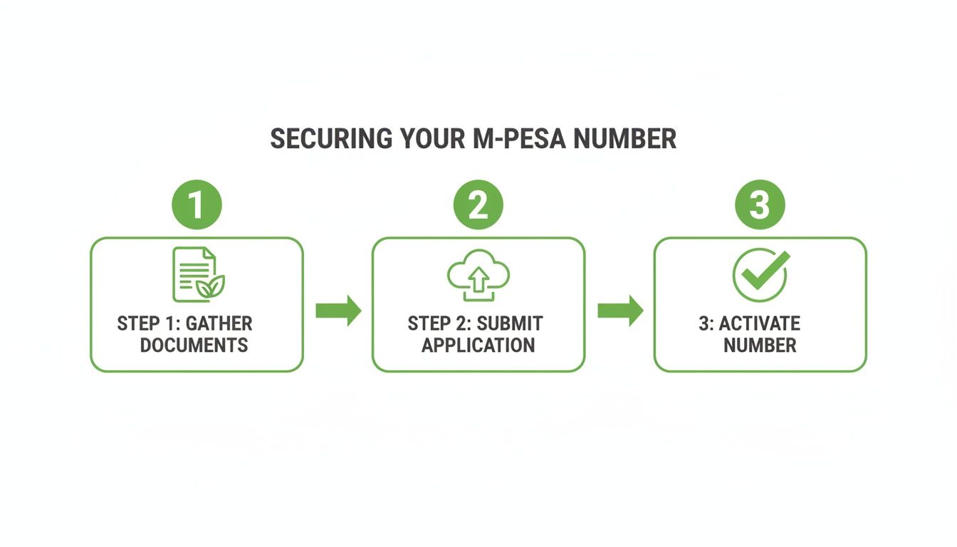 A three-step guide for securing your M-Pesa number: gather documents, submit application, and activate.