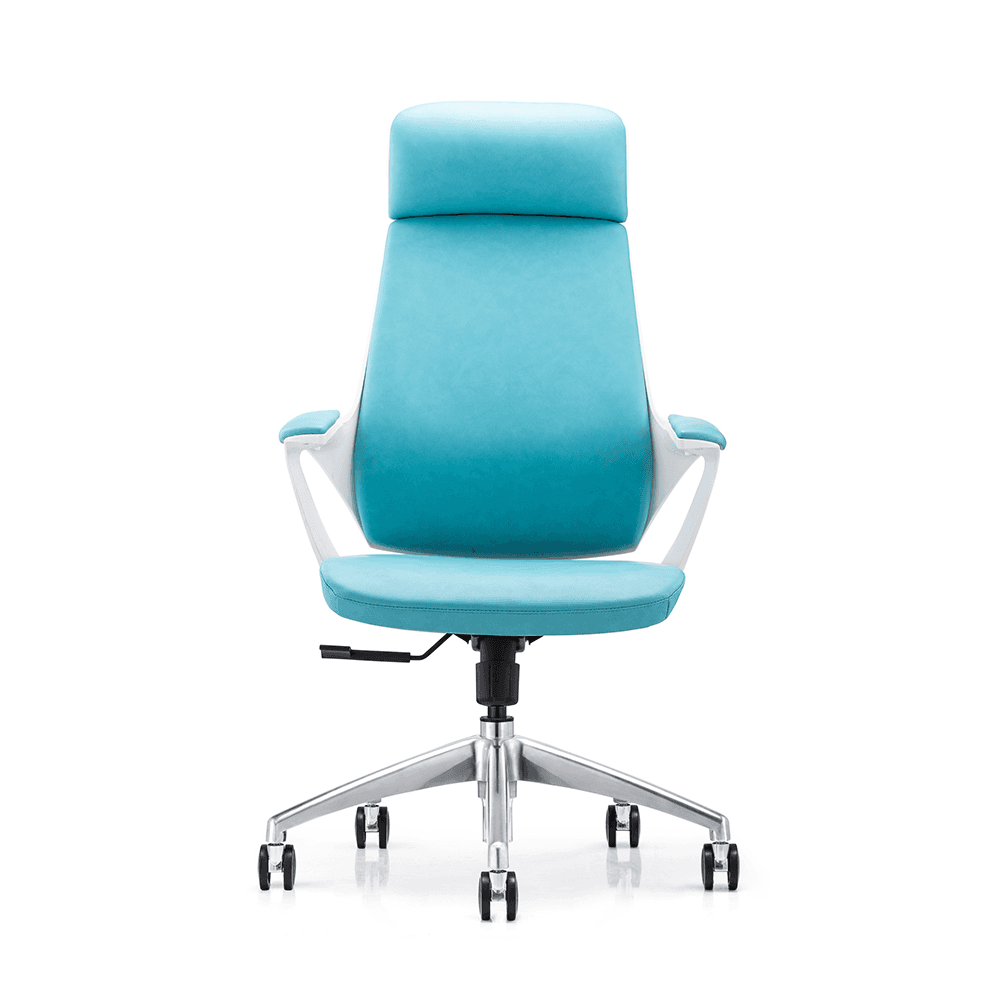 Front view of a teal blue high-back executive office chair with a white frame, integrated headrest, and ergonomic lumbar support on an aluminum swivel base.