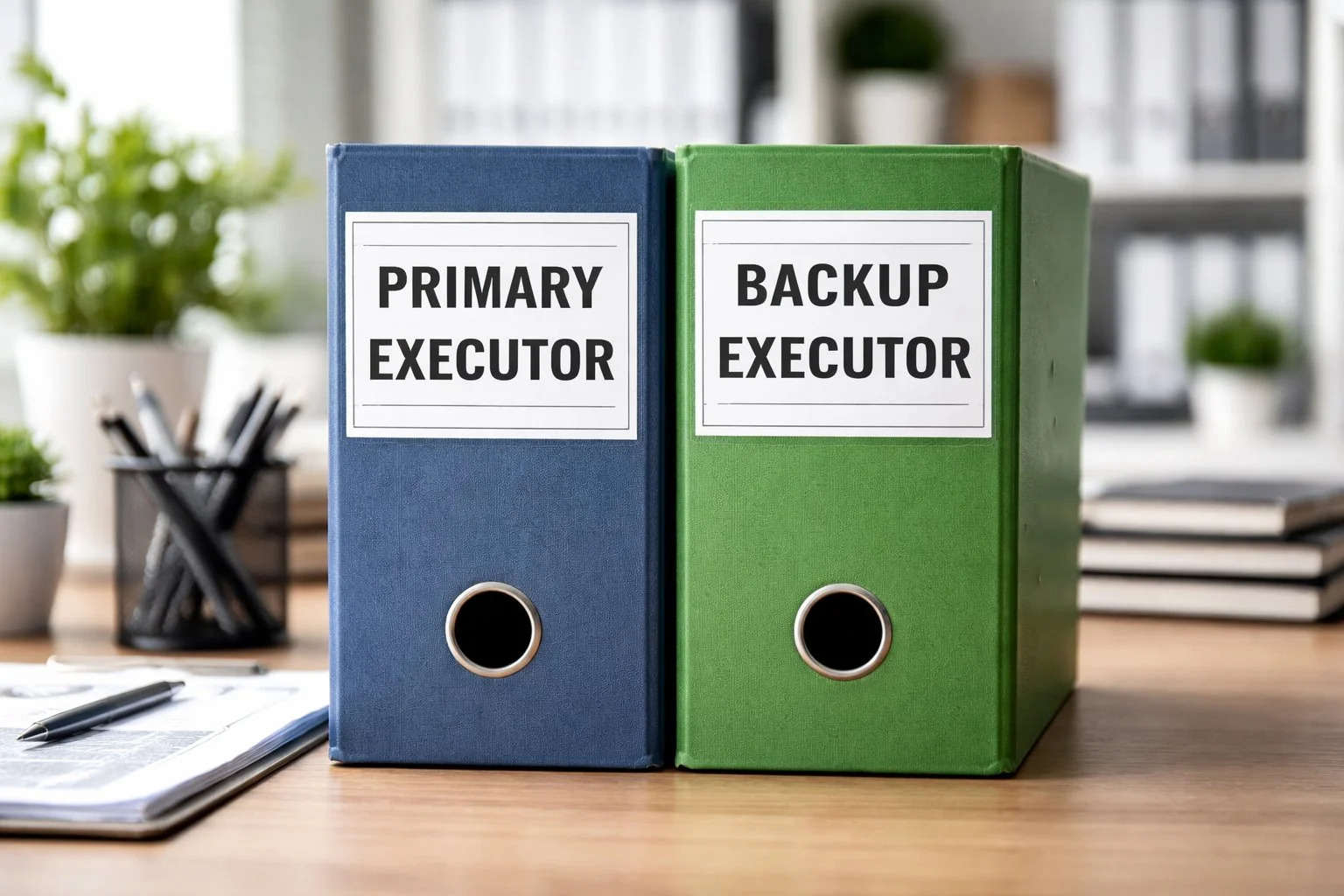 Two office folders labeled “Primary Executor” and “Backup Executor” placed side by side, representing contingency and succession planning.