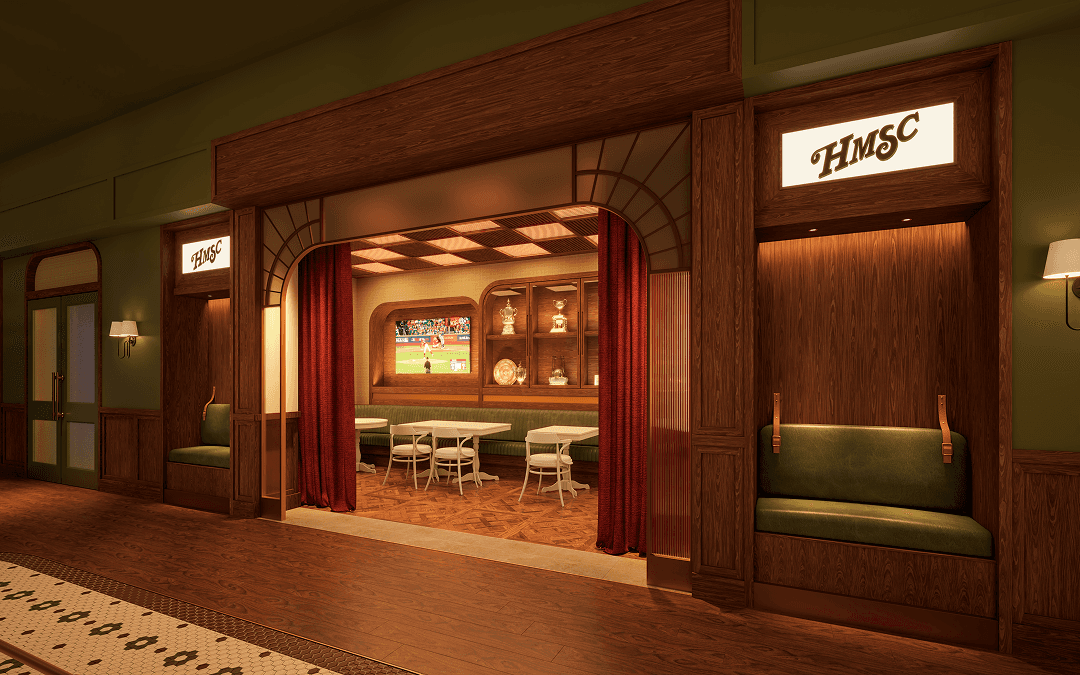 Interior rendering of Hail Mary Social Club showing warm wood-tone design with ornate wooden entry doors, illuminated HMSC signage, and visible bar seating