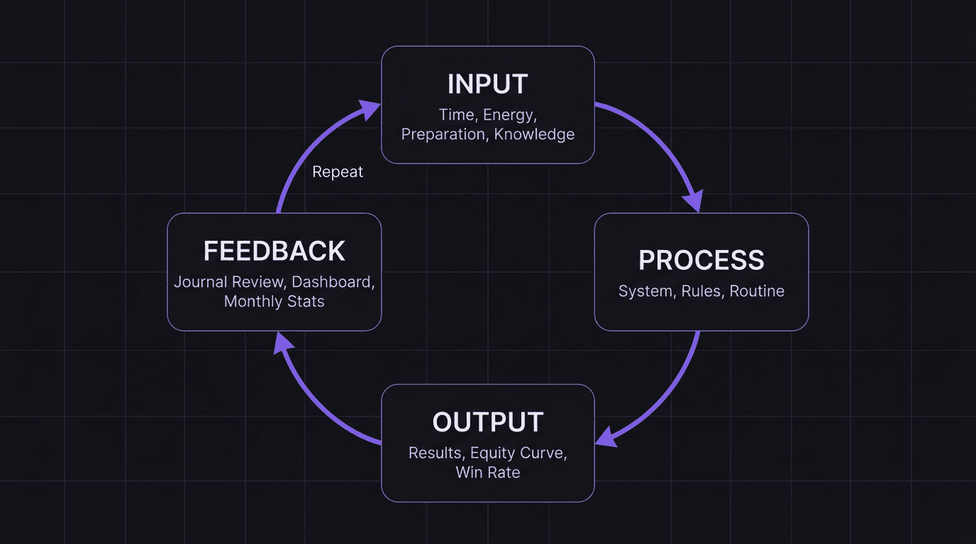 Flowchart showing the trading success formula loop from input through process to output and feedback