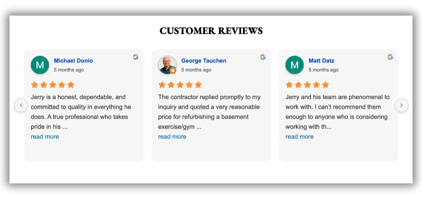 Three 5-star Google reviews from satisfied customers for a professional contractor.