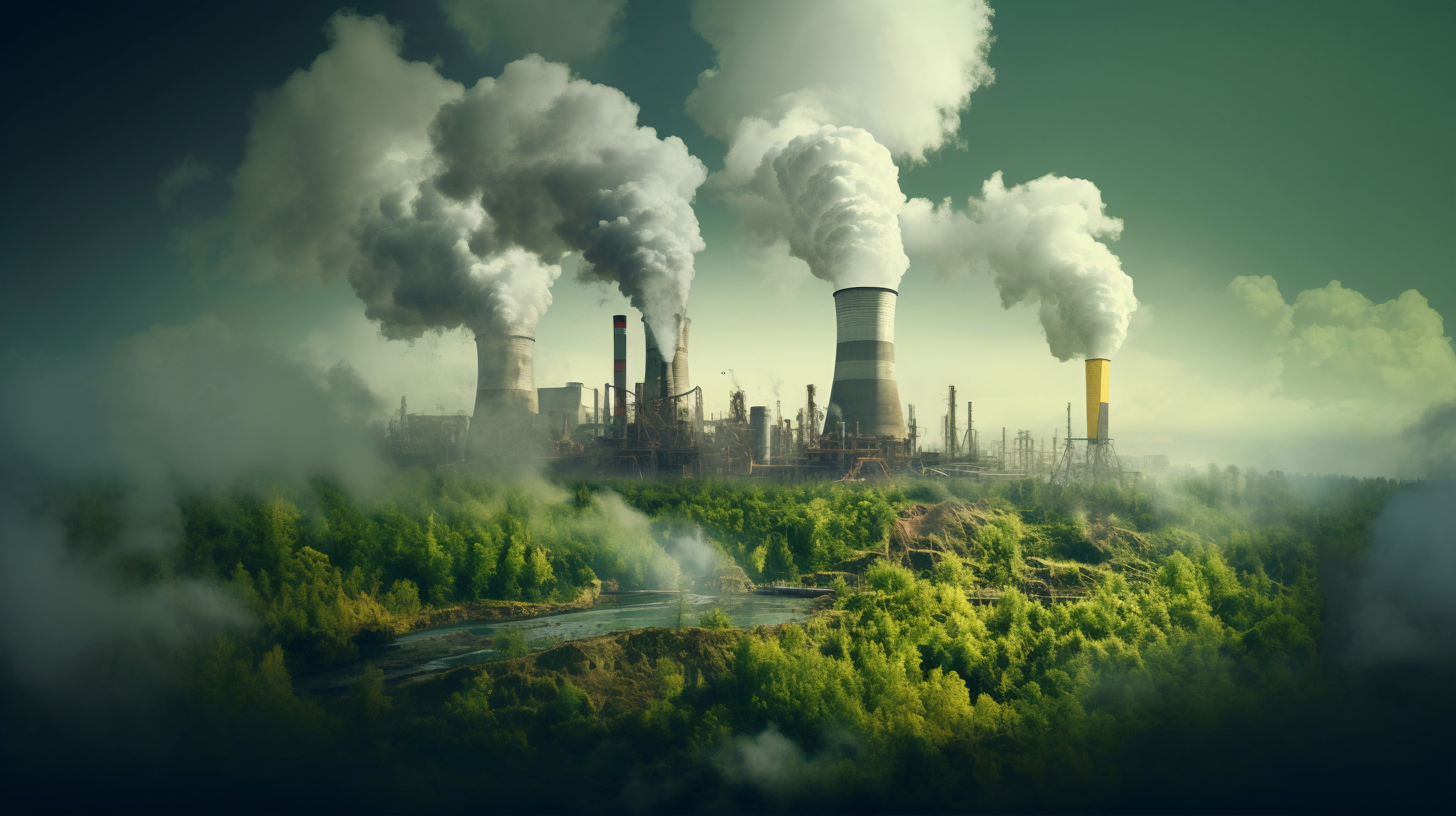 Pollution from industrial factory smokestacks and power plants releasing smoke into the air, over a green forest.