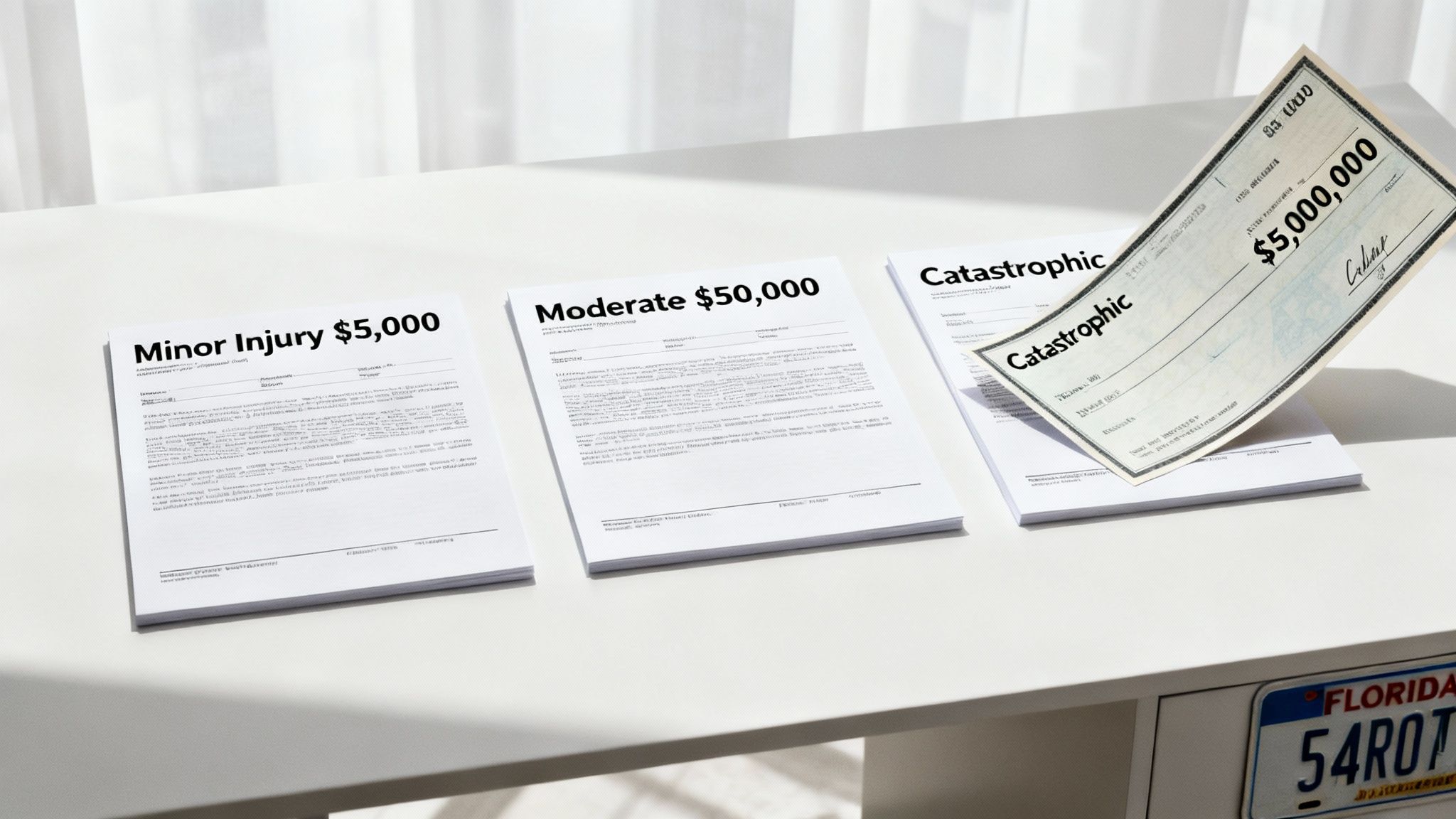 A magnifying glass hovering over a model car and a medical chart, symbolizing the detailed analysis of factors in a car accident settlement.
