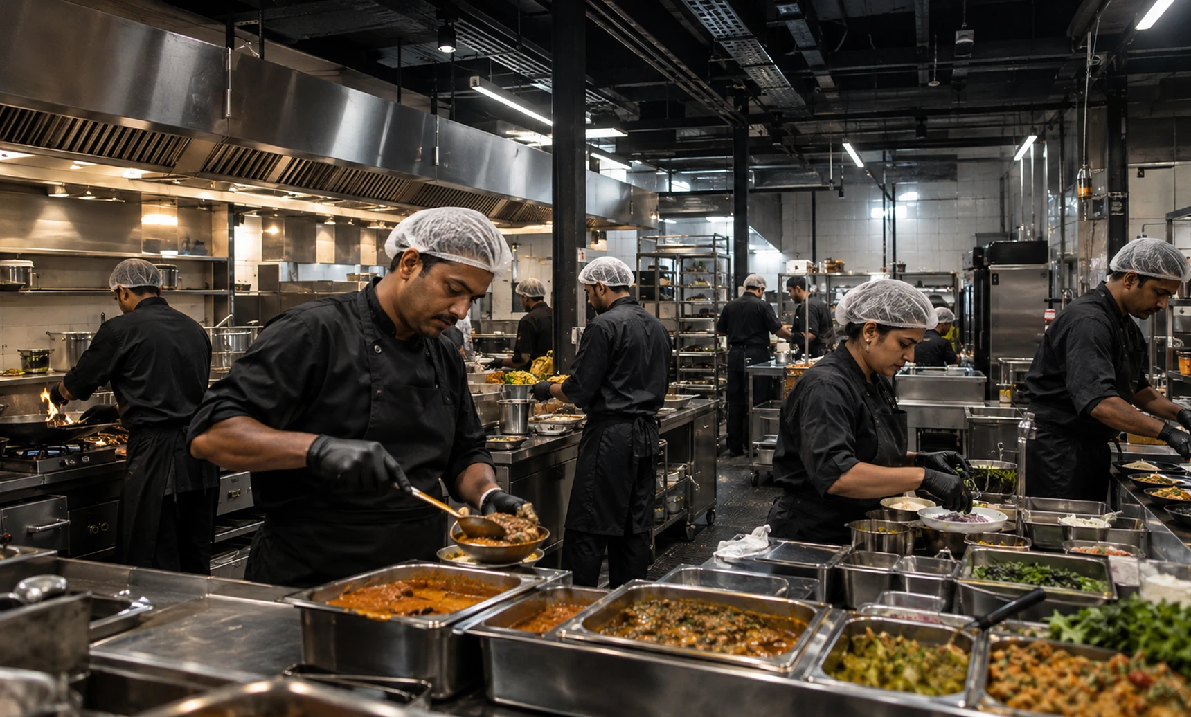 Chefs in black uniforms and hairnets cooking and plating South Indian dishes in a busy stainless-steel restaurant kitchen.