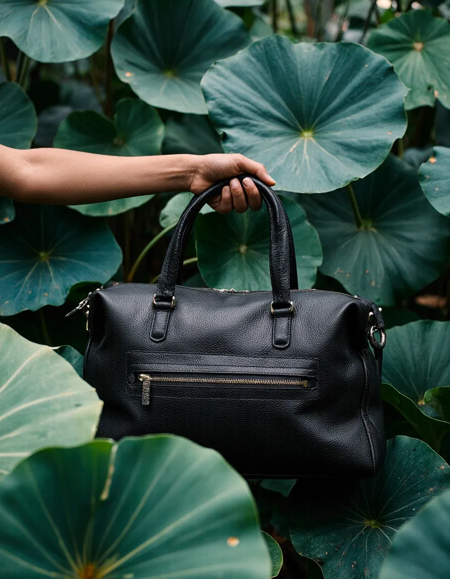 A hand holds an elegant black leather handbag against lush green lily pad leaves, creating a striking luxury-meets-nature contrast.