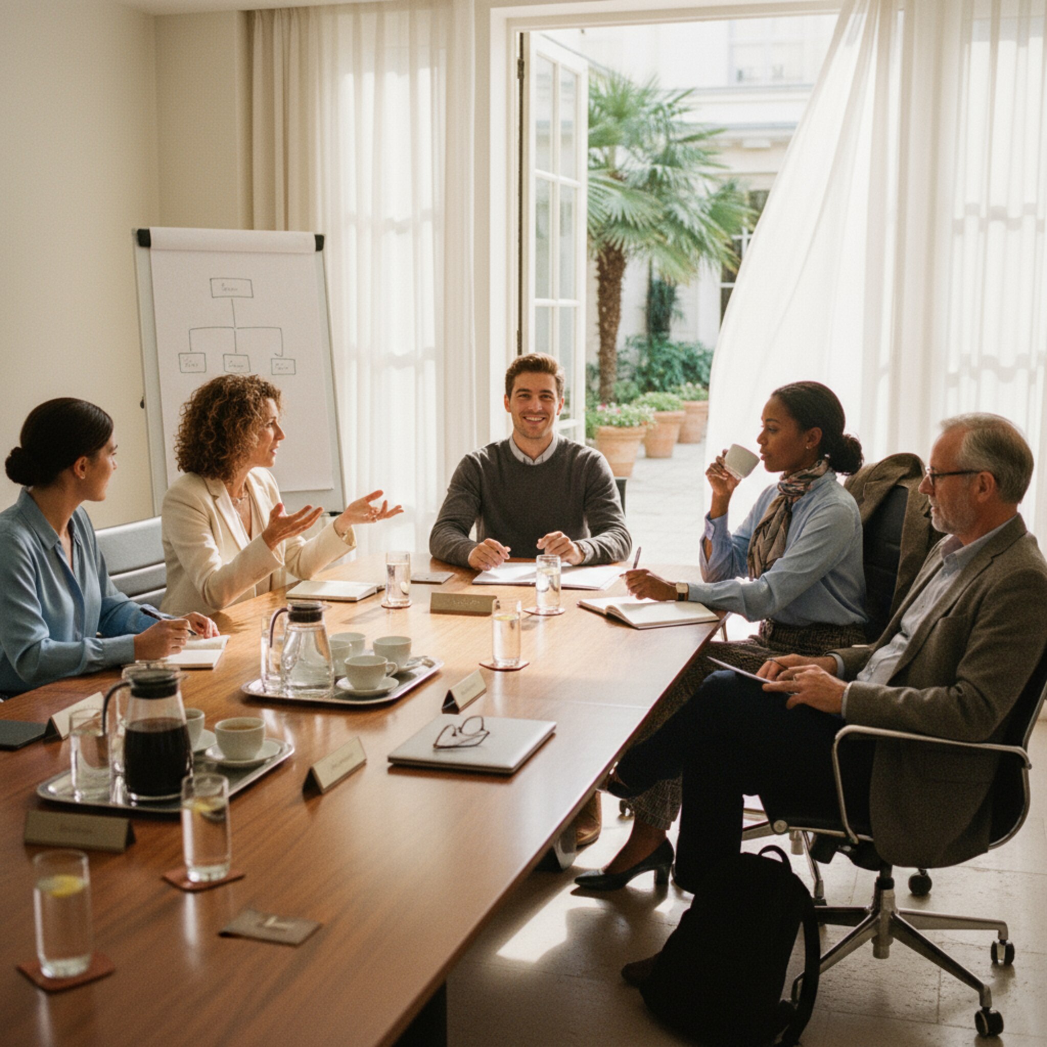 Ein heller Boardroom mit langer Holztafel empfängt eine kleine Geschäftsgruppe. Ein Flipchart zeigt eine einfache Skizze, daneben steht ein Tablett mit Kaffee und Gläsern. Die Türen zum begrünten Innenhof sind geöffnet. Auf dem Tisch liegen Namensschilder und dezentes Branding.