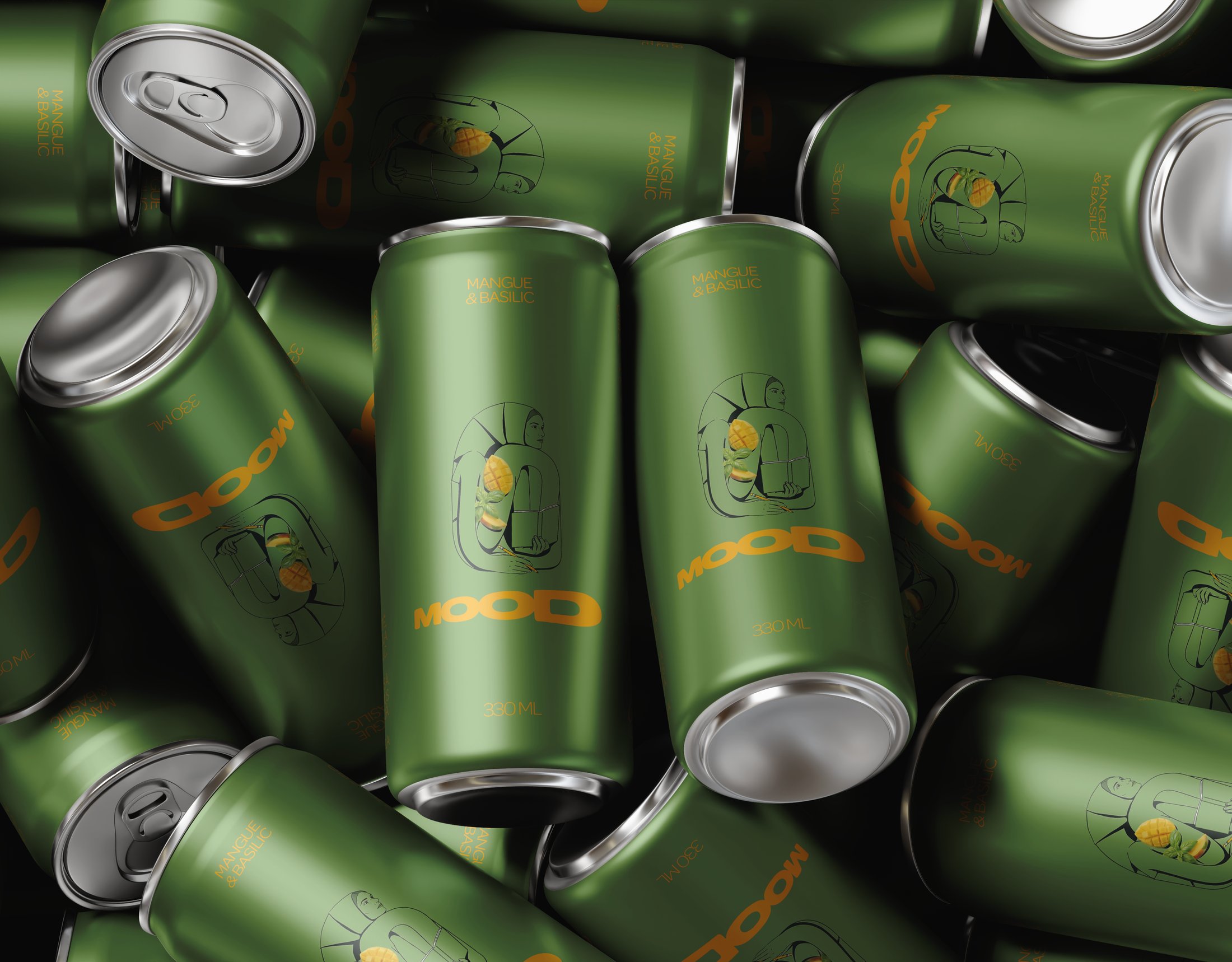 Pile of green Mood sparkling drink cans for the Creativity flavour with mango and basil ingredients and a hand-drawn human figure inside each can.