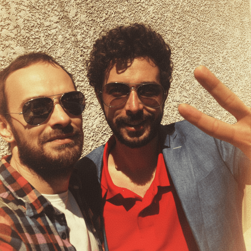 Adrian Klein and Marius Moga smiling outdoors in bright sunlight, both wearing sunglasses, with a warm vintage tone.