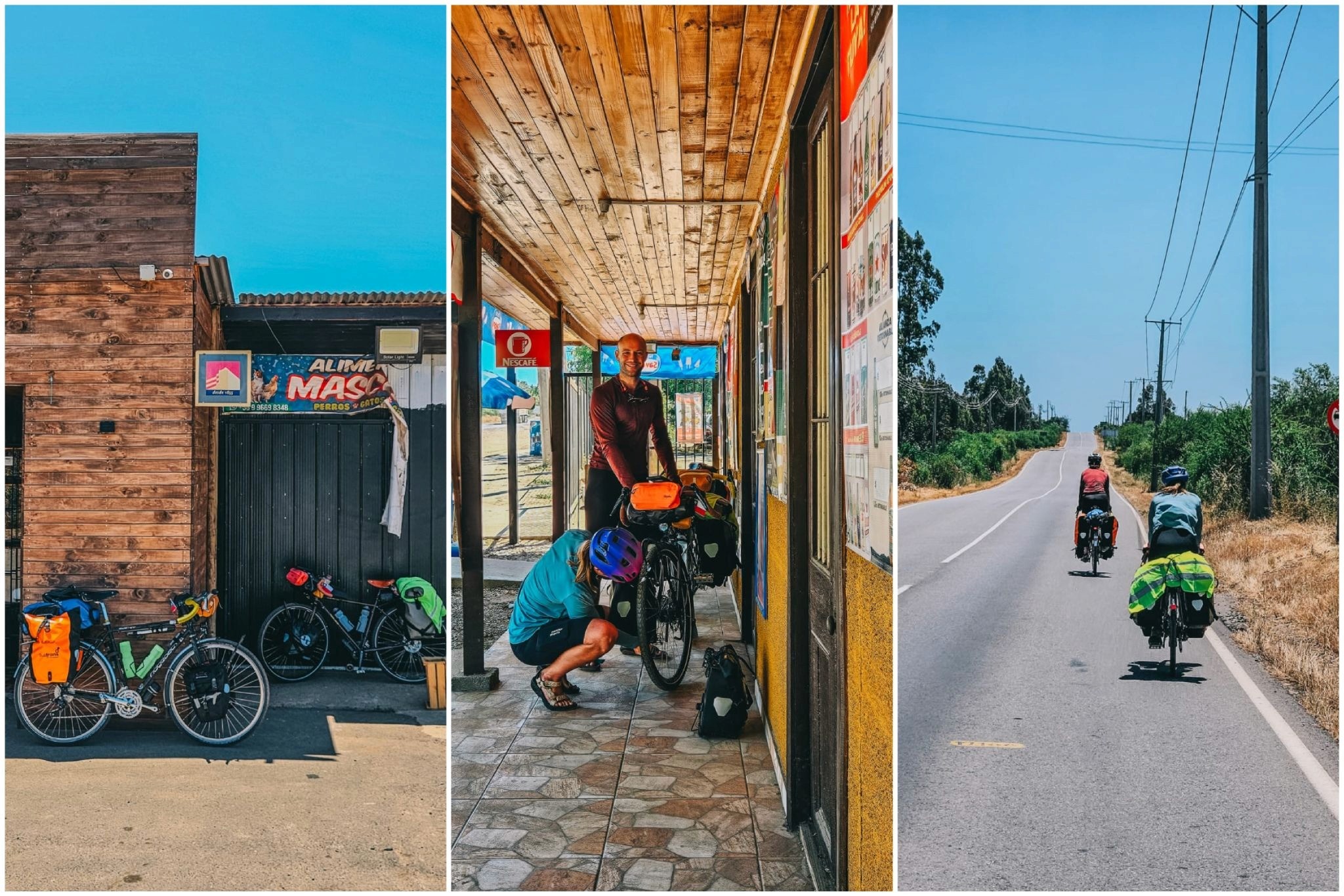 A montage of three images of two cyclists travelling through South America