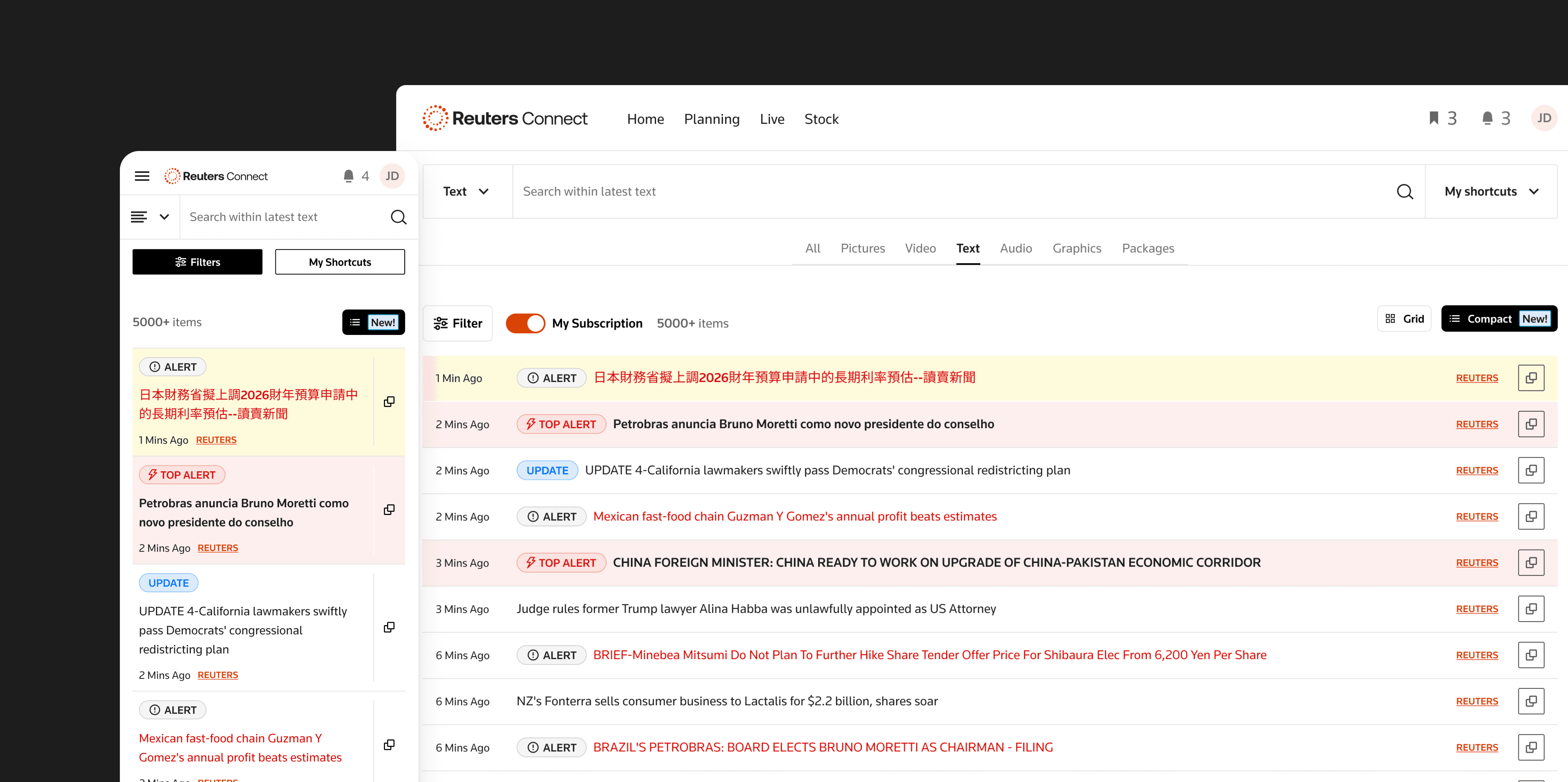 image of a text page of Reuters Connect