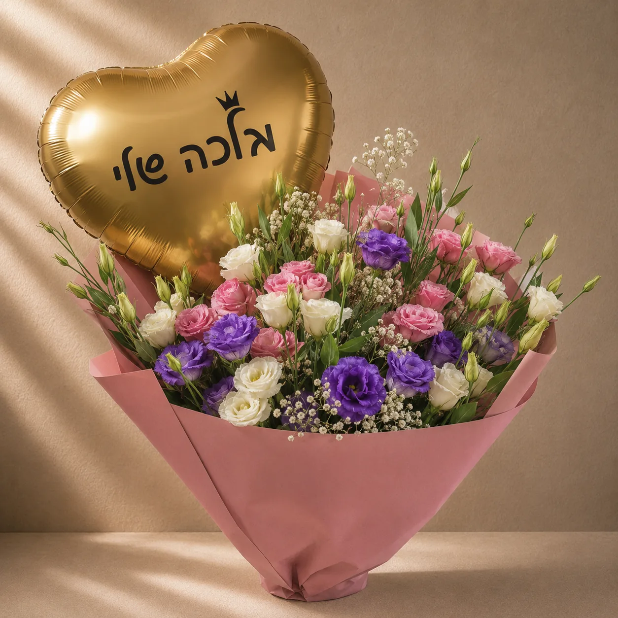 זר ליזיאנטוס סגול ורוד ושמנת עם גיבסנית בעטיפה ורודה ובלון לב זהב