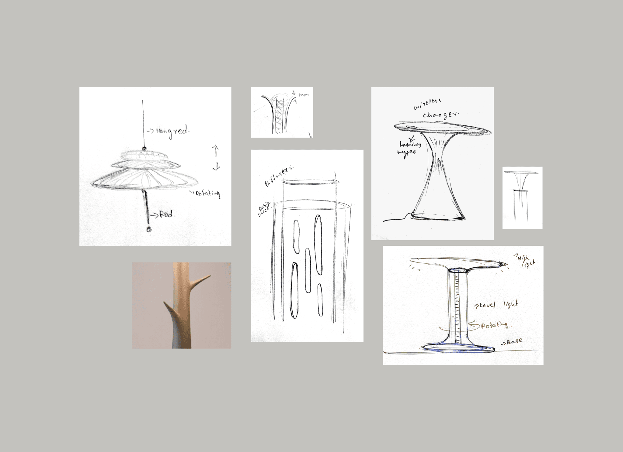 sketches and 2d renders of lamp design