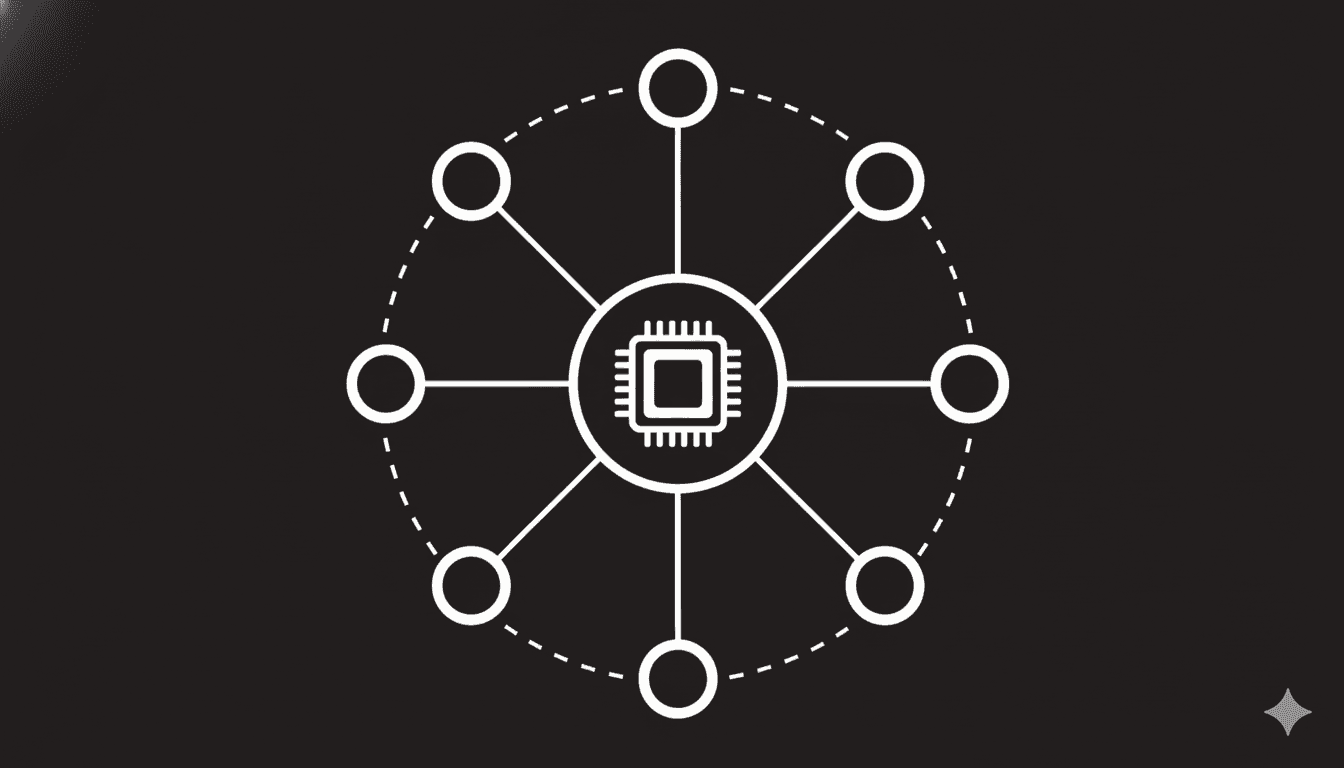 Hub-and-spoke node diagram with a central processor icon connected to surrounding circles by solid and dashed lines, on a dark background, representing an AI agent connected to multiple legal data tools