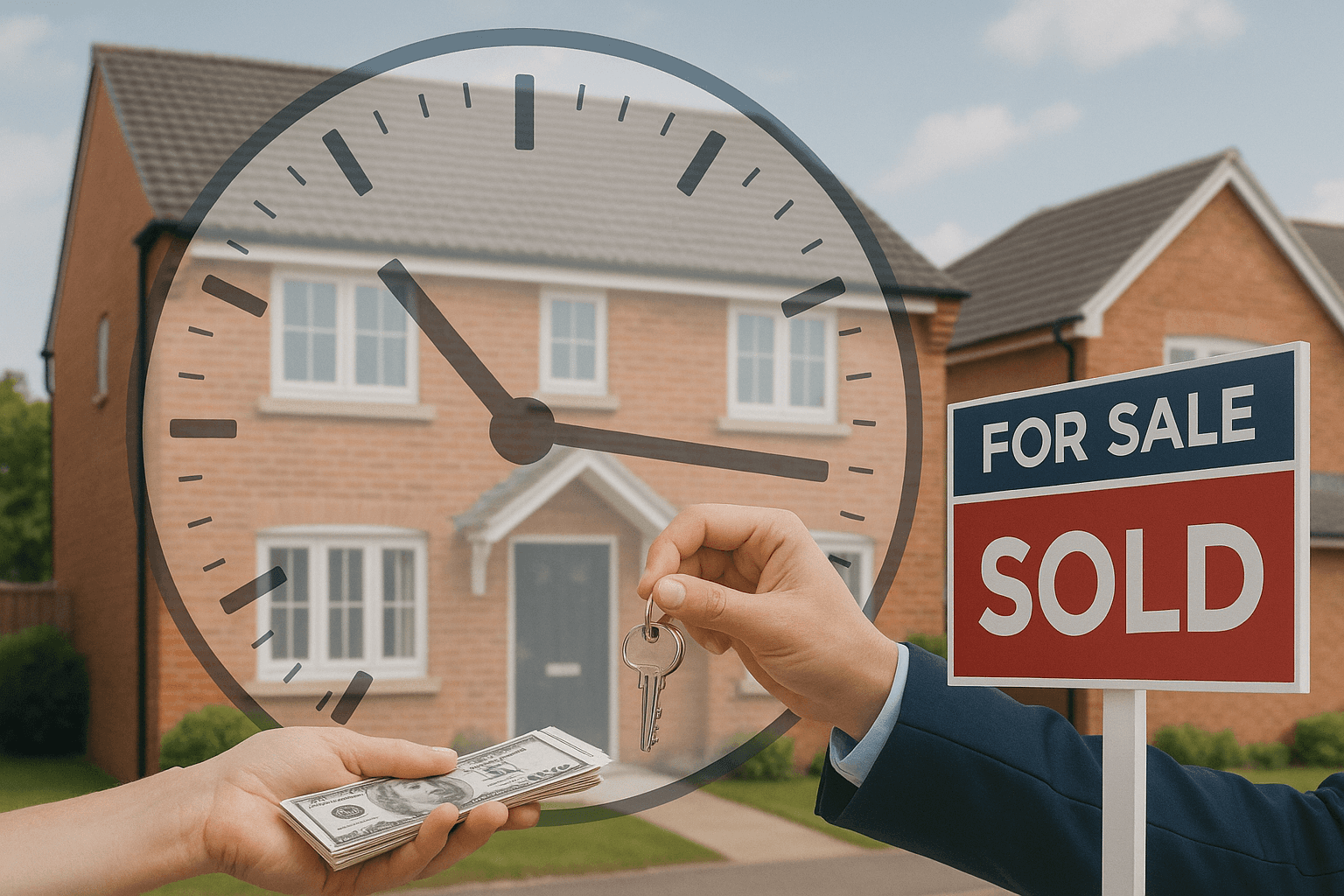 A hand with money and a hand with house keys with a clock and house for sale sign
