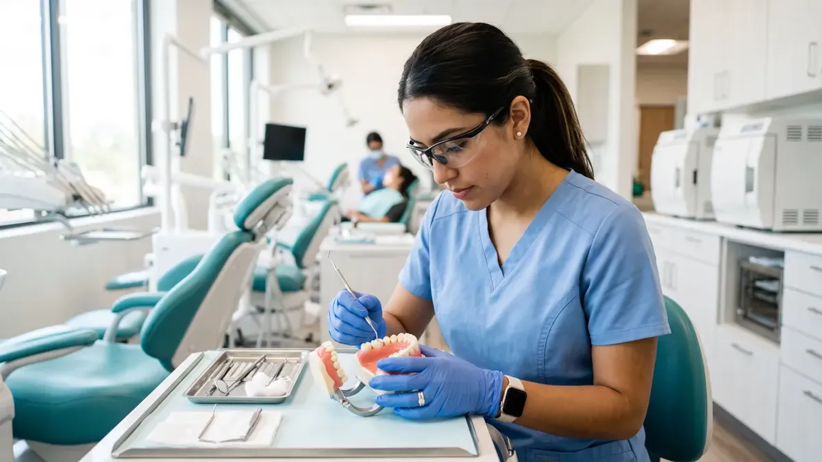 Estudiante de higiene bucodental con guantes y gafas de protección practica con un modelo dental en un gabinete