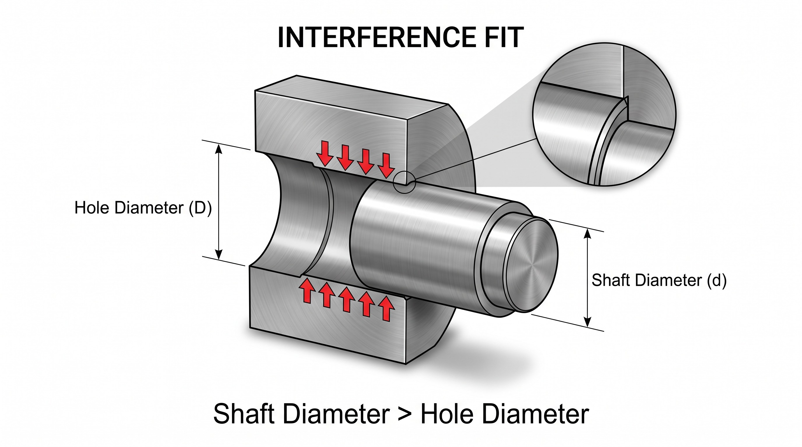 Cross-sectional engineering illustration of an interference fit showing a shaft larger than its mating hole with red arrows indicating press-fit contact pressure.