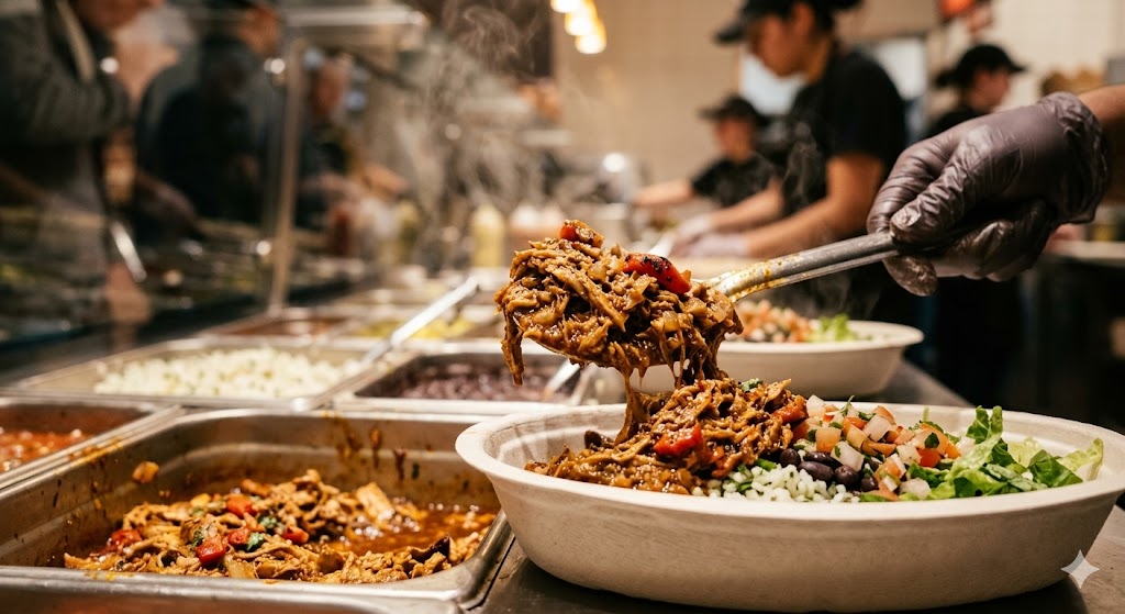 A close-up photograph of spicy shredded Sofritas tofu being served into a burrito bowl at a fast-casual Mexican restaurant serving line. An employee with a black glove is using a large metal spoon to dish the flavorful tofu. The foreground pan contains richly seasoned Sofritas. Steam rises from the hot food, and other serving containers and a blurred crowd are visible in the background.