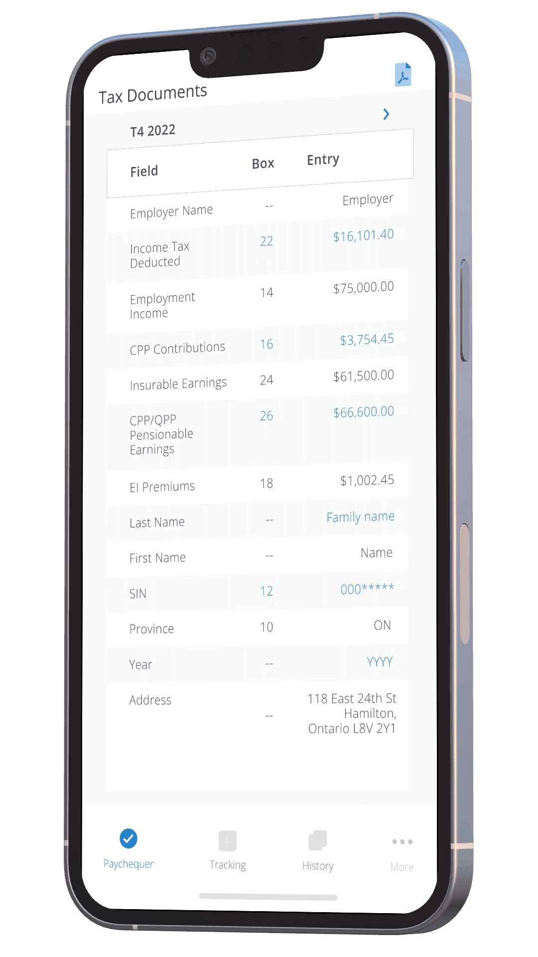 PayChequer mobile app showing T4 2022 tax document with detailed breakdown of income tax deducted, CPP contributions, and EI premiums for instant employee access