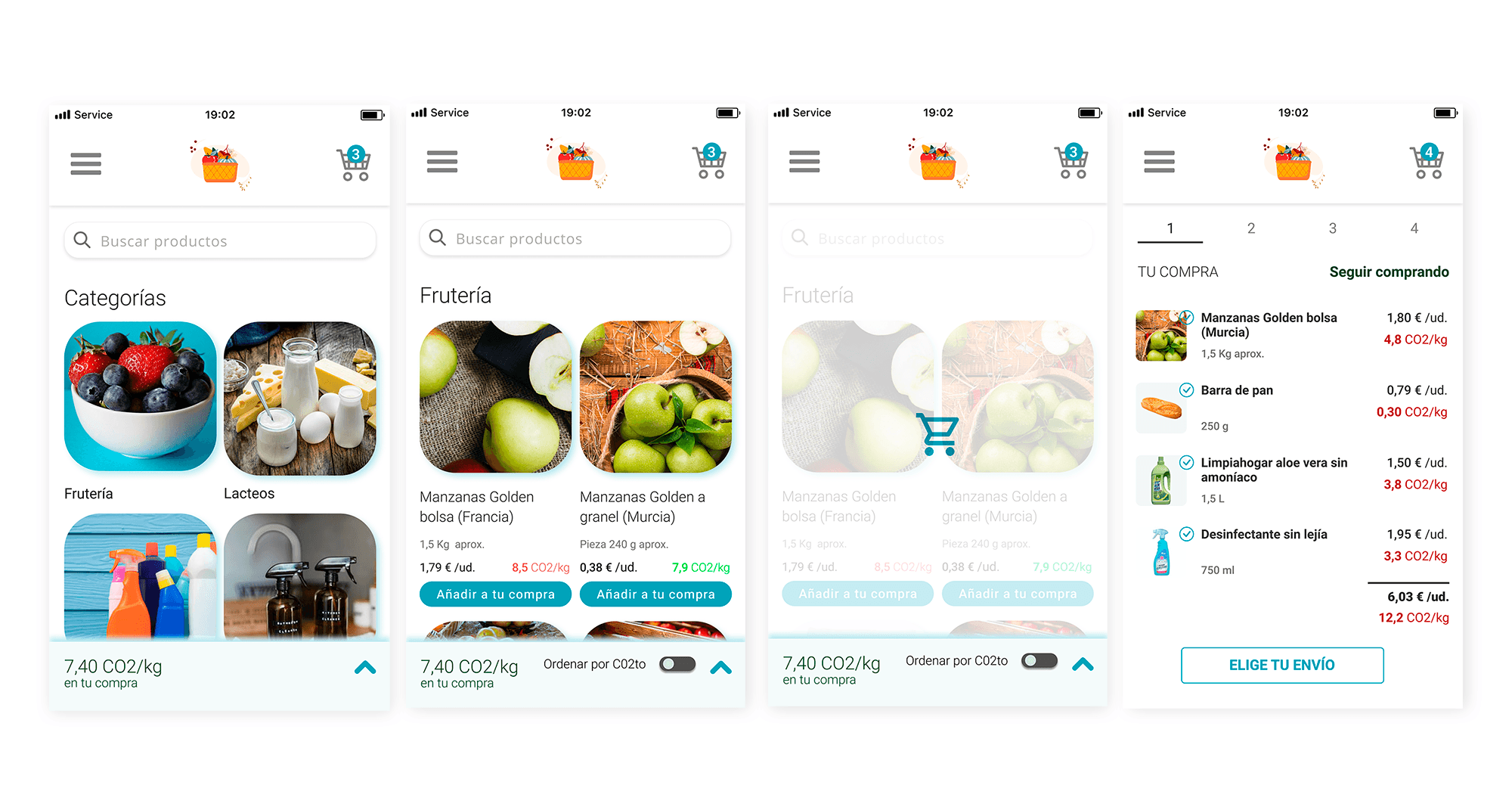 4 pantallas de la aplicación CO2to donde se aprecia el proceso de compra