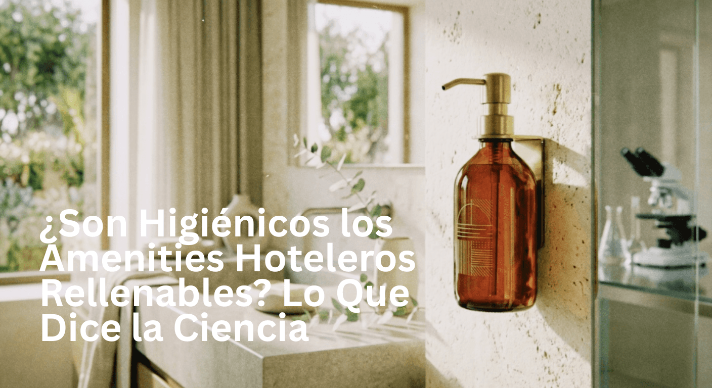 Baño sofisticado con ventana grande, decoración en tonos beige y dispensador de jabón recargable. El texto cuestiona la higiene de los artículos de tocador recargables del hotel.