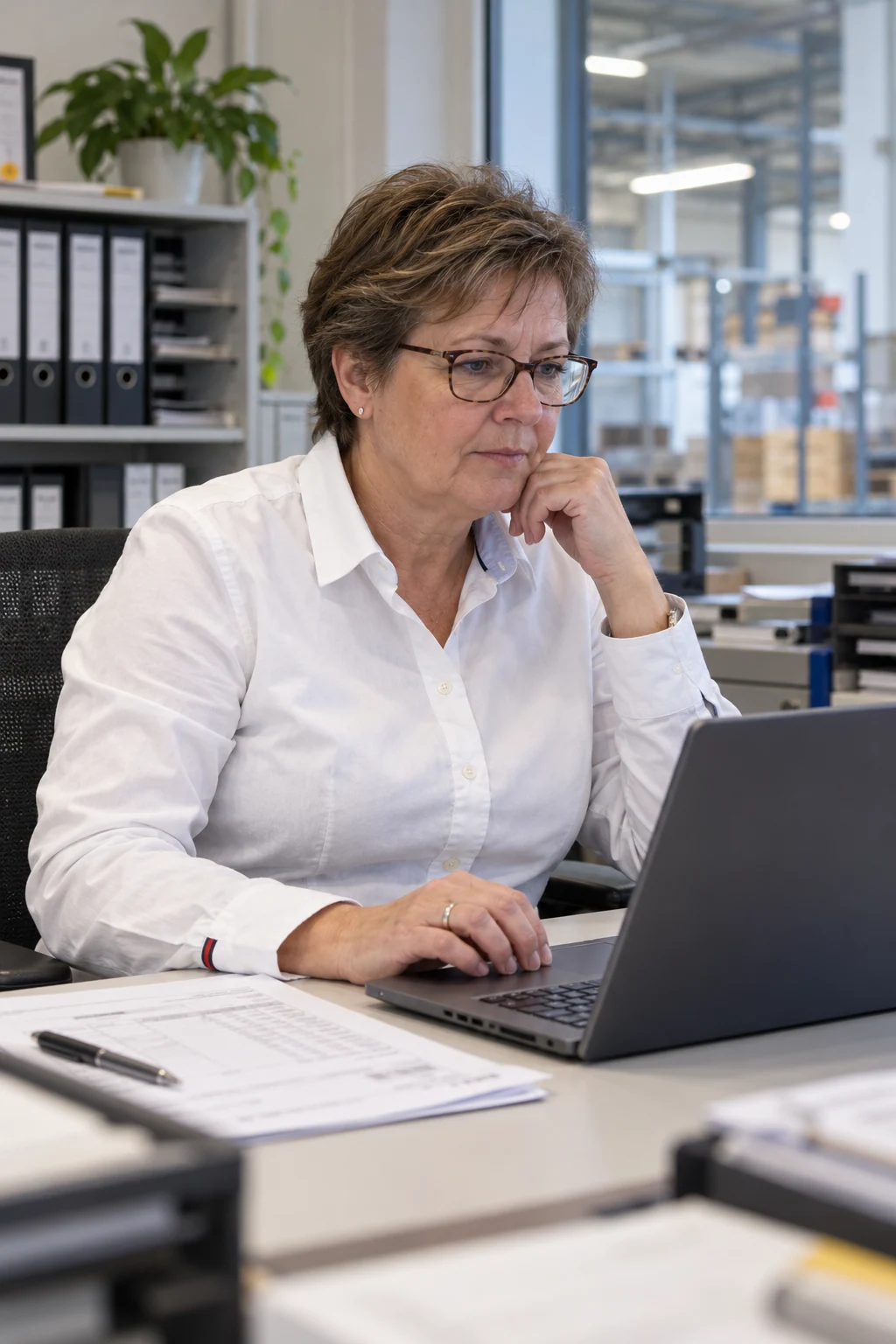 Kostenstellenverantwortliche prüft eine Bestellung konzentriert am Laptop.