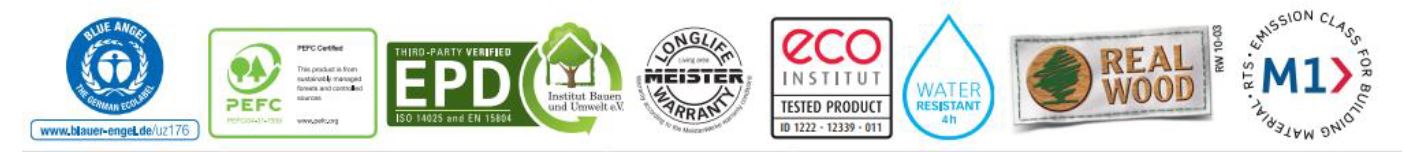 Meister 원목마루 친환경 인증 — 블루엔젤(Blue Angel), PEFC, Eco-Institut, EPD, M1, Top-Innovator 2021, Water-resistant, Longlife parquet, realwood