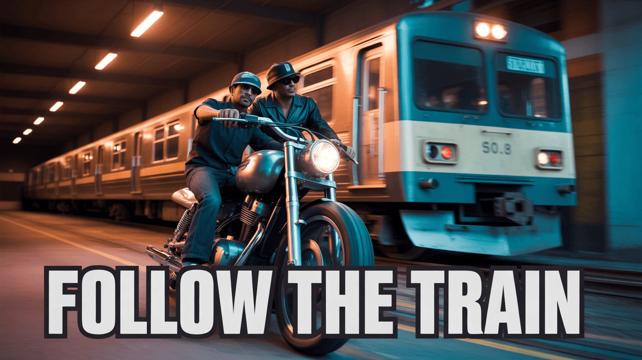 Motorcycle chasing a subway train with Follow the Train text in a cinematic GTA mission scene