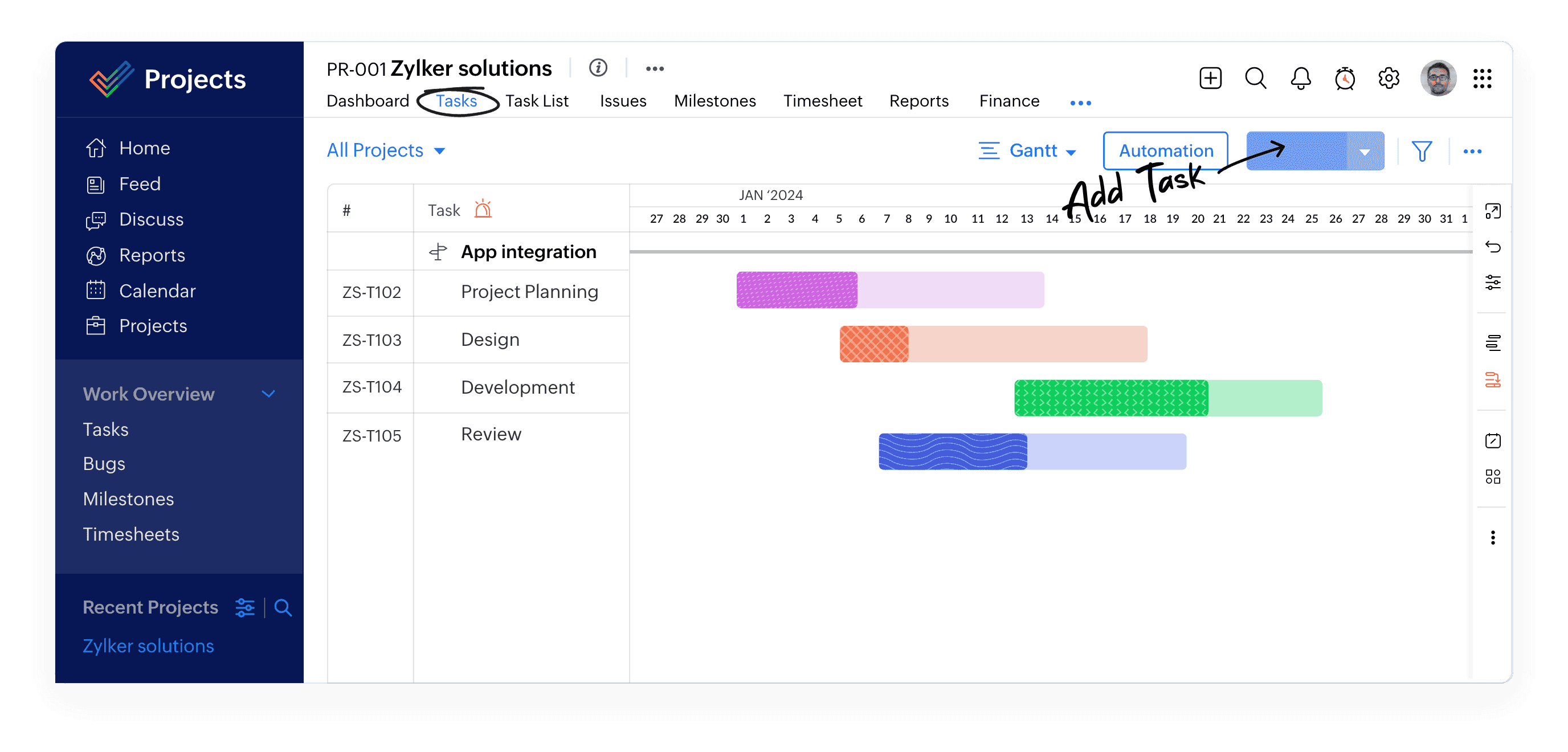 Zoho Project's task interface