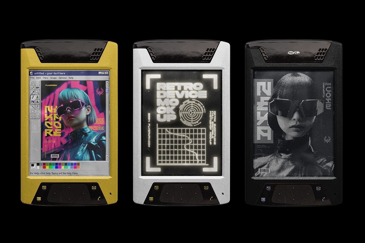 Retro mobile smart device mockup bundle showing colorful early smartphone style devices