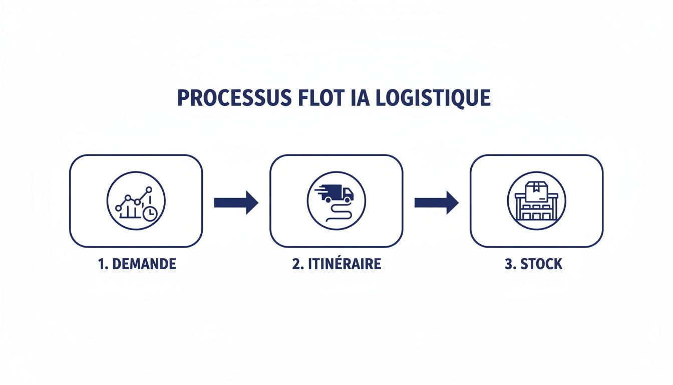 Diagramme illustrant le processus de flux logistique basé sur l'intelligence artificielle, de la demande à l'itinéraire et au stock.