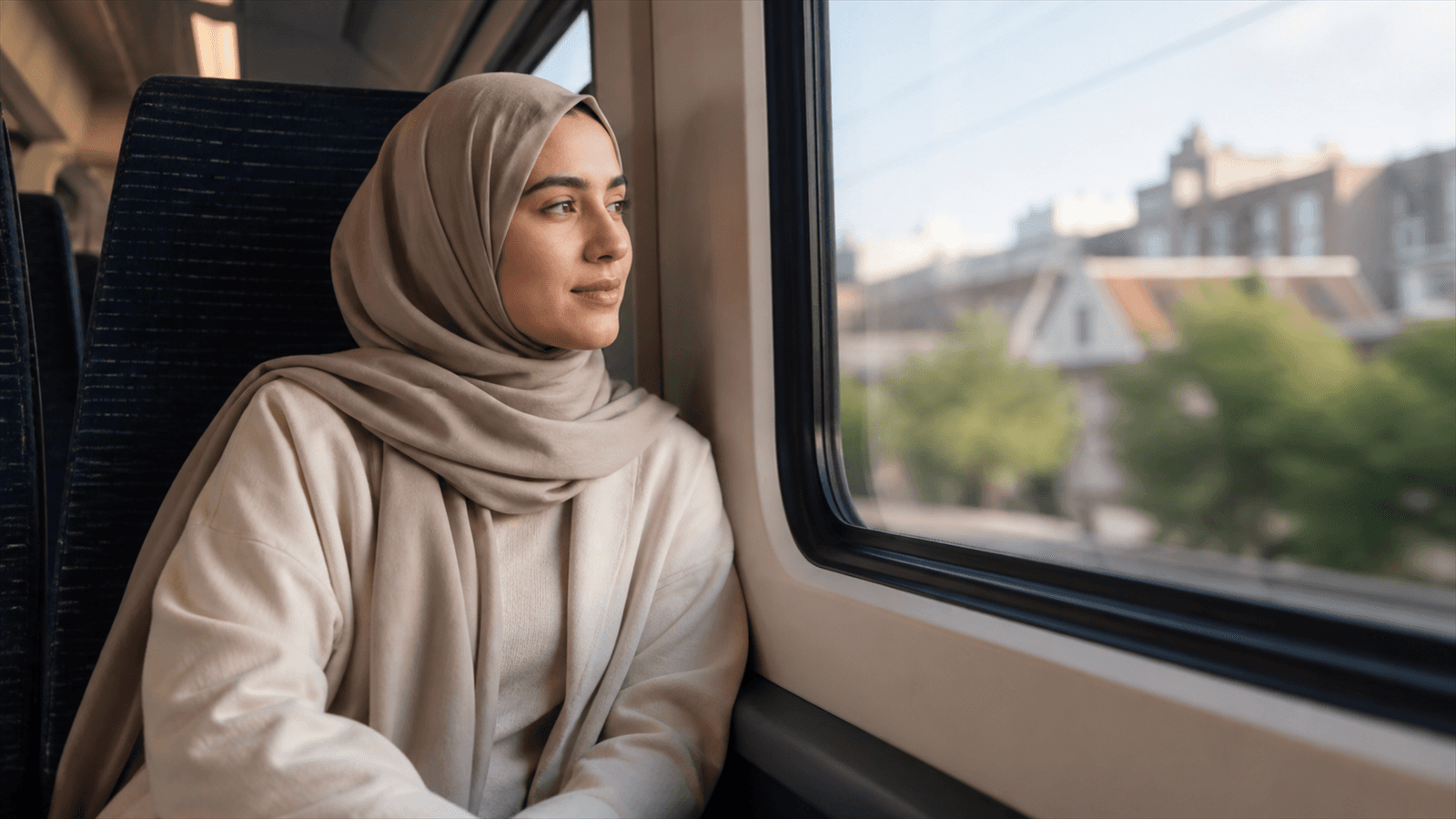 A young Muslim woman sits quietly by a train window during her morning commute.