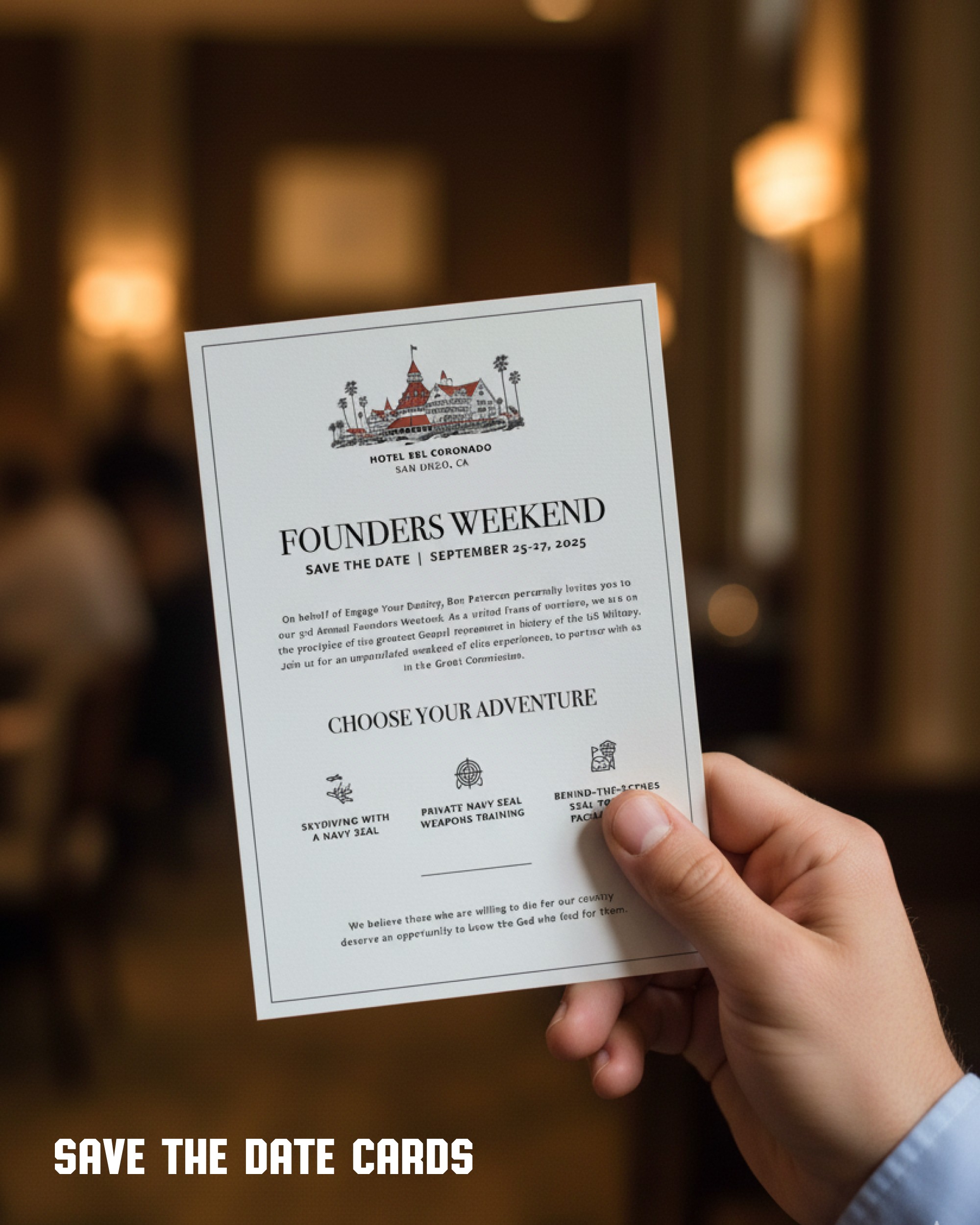 image of man holding save the date for founders weekend 2025