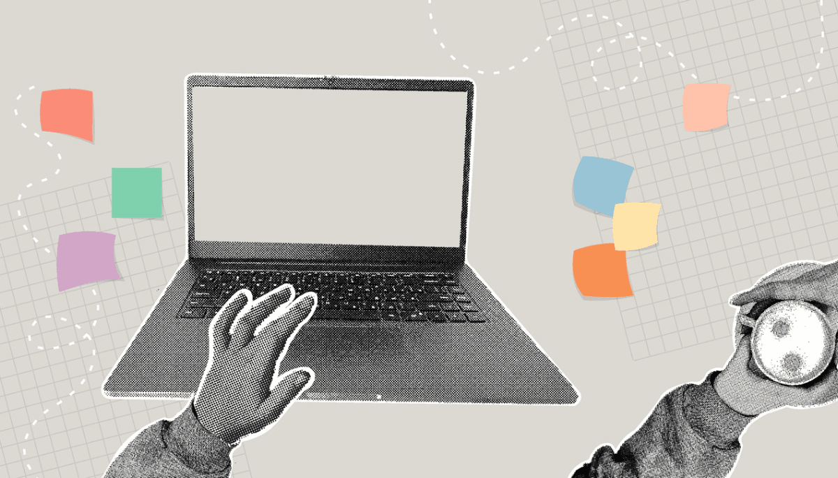 Stylized illustration of laptop and hands with bright notes, symbolizing software engineers designing personal websites.